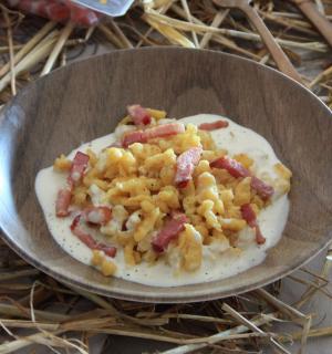 Recette Spatzle sauce parmesan et lardons 