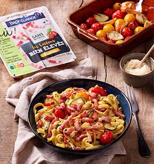 Pâtes aux tomates rôties et lardons
