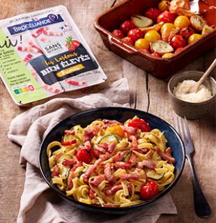 Pâtes aux tomates rôties et lardons